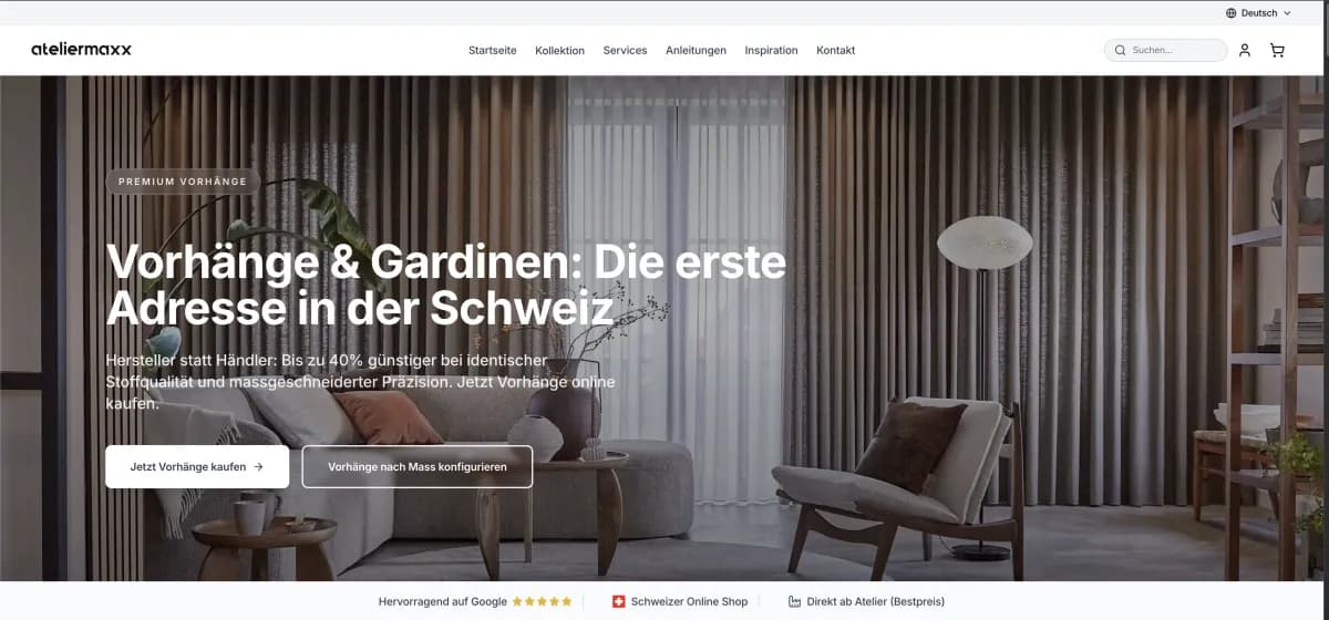 Webshop des Massvorhang-Herstellers mit Live-Konfigurator für Vorhänge nach Mass
