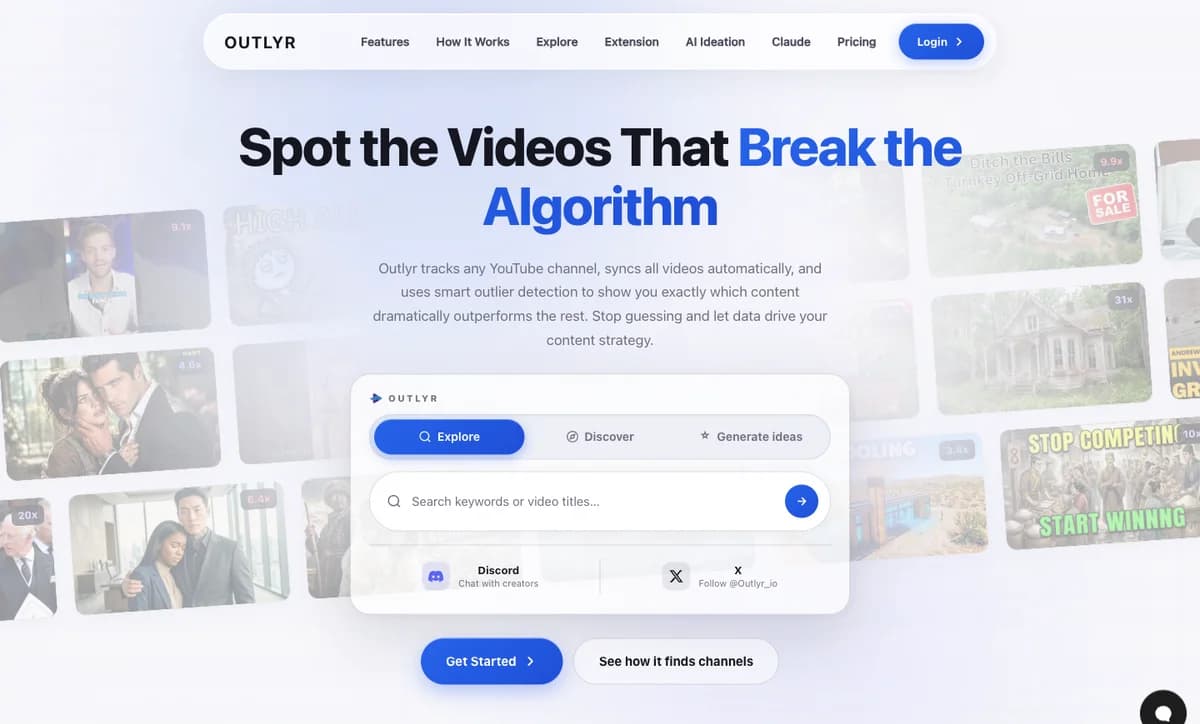 Outlyr-Homepage mit YouTube-Recherche, Discovery und KI-Videoideen