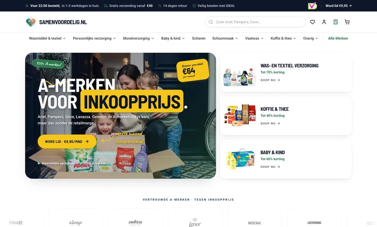 Homepage von Samenvoordelig.nl, Online-Discounter für A-Marken