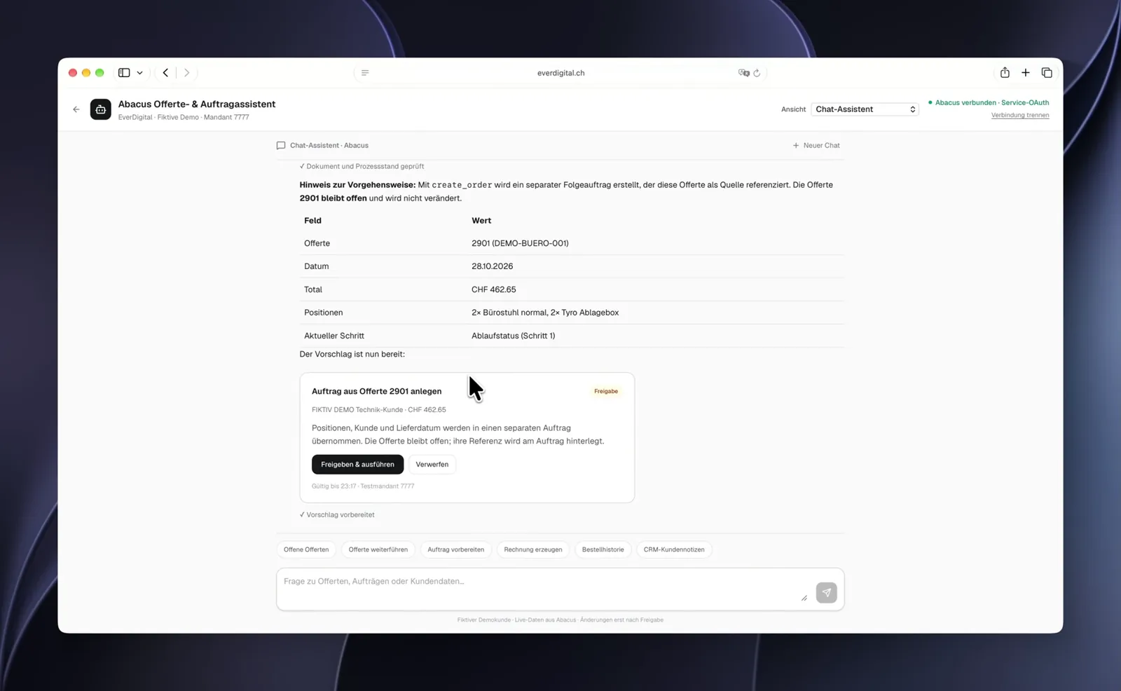 Abacus AI agent in chat with a checked quote and an approval card for a follow-up order
