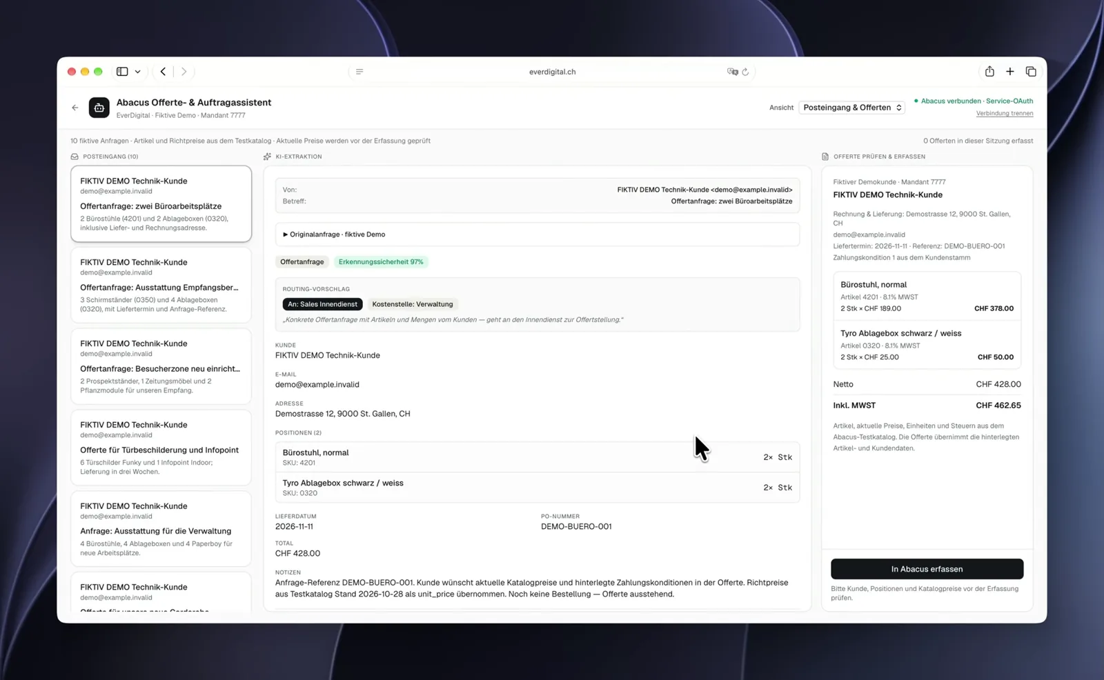 Abacus AI agent showing the email inbox, AI extraction and a complete quote ready for approval