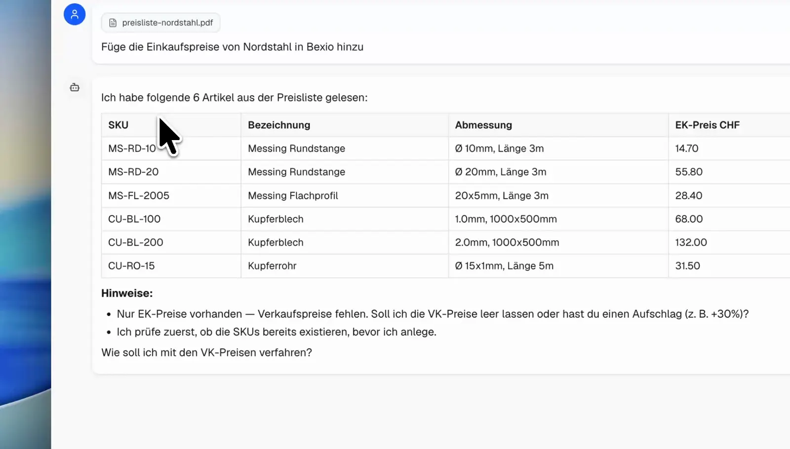 Screen-Aufnahme des Sachbearbeiter-Copiloten beim Einlesen einer PDF-Preisliste und der kontrollierten Verarbeitung in Bexio