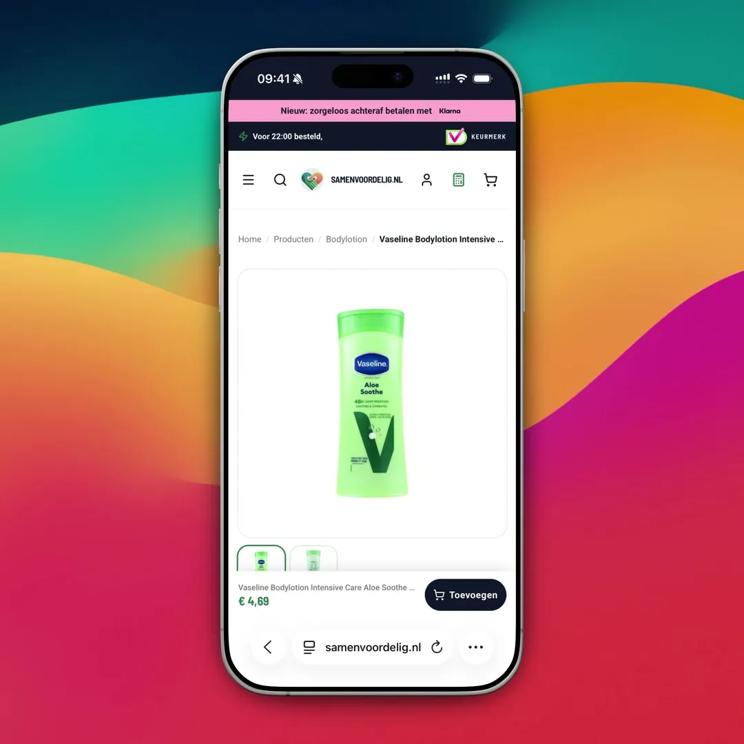 Mobiler Samenvoordelig-Shop mit Produktdetail, Warenkorb und Checkout